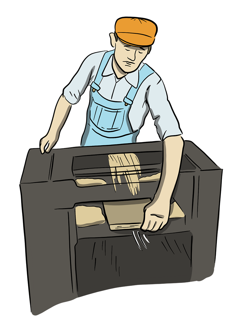 Past-Immigration-Mennonites-Culturecarpenter An Illustrated carpenter pulls a board through a wood planer.