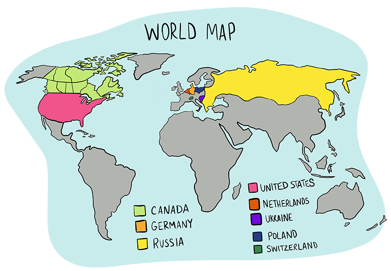 Past-Immigration-Mennonites-historymap An Illustrated world map with the countries of Canada, Germany, Russia, United States, Netherlands, Ukraine, Poland, and Switzerland highlighted.