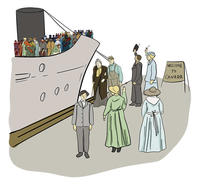 Illustrated people on shore wave to people on a ship that is docking in a Canadian Harbour. A ‘Welcome to Canada’ sign sits in the background.