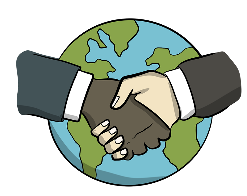 An Illustrated White hand and a Black hand are shaking in front of a globe to show a sign of world peace and respect, no matter where in the world you come from.