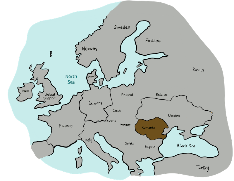 Past-Immigration-Romania2 A map illustration highlights the country of Romania, and also shows the surrounding countries of Bulgaria, Serbia, Hungary, Ukraine, Turkey, etc.