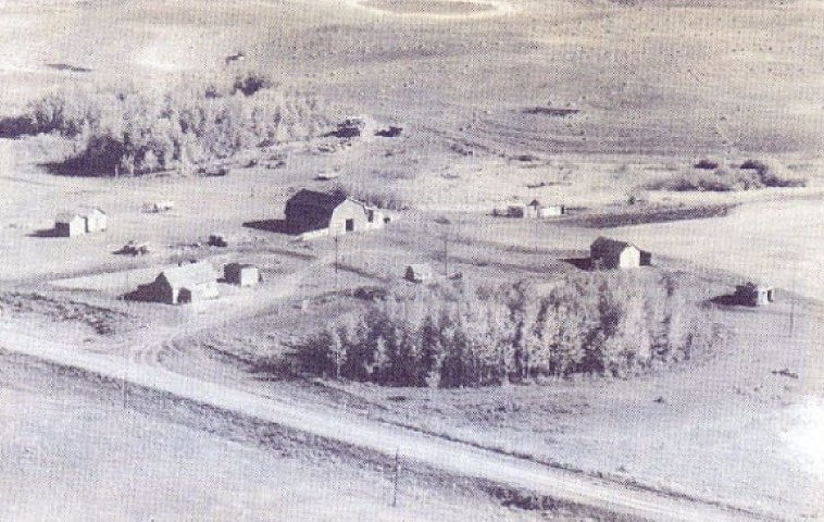 An aerial view of a homestead shows a house, a barn, and a few small sheds.