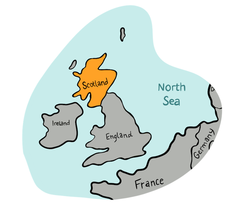 A map illustration highlights Scotland, but also shows the surrounding countries of England, Wales, Ireland, France, and Germany.