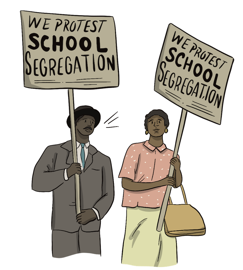 Two illustrated African Canadians are protesting and holding signs that say, ‘We protest school segregation.’