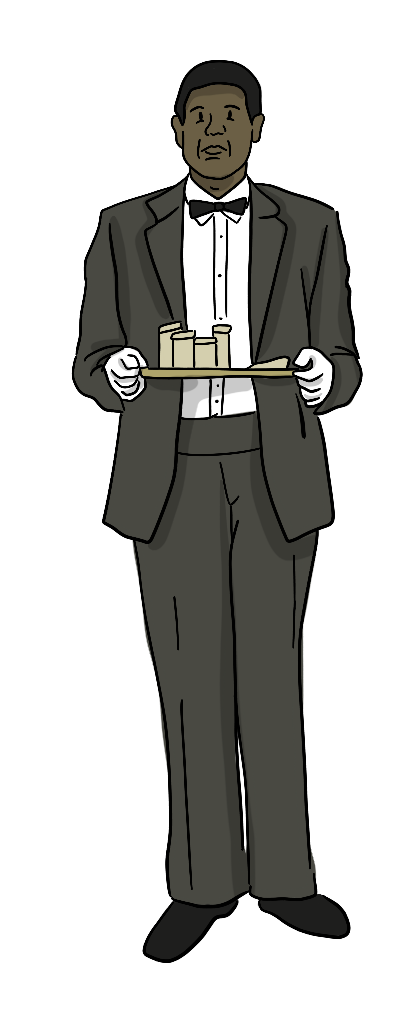 An illustrated enslaved African Canadian man stands still while working as a butler for the family he Is owned by. 