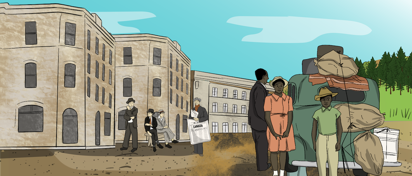 An illustrated African Canadian family stands next to their car that is loaded full of luggage. They have just arrived in a city with many large buildings in the background.
