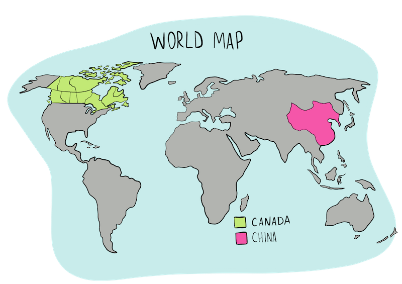 An Illustrated world map highlights the countries of Canada and China.