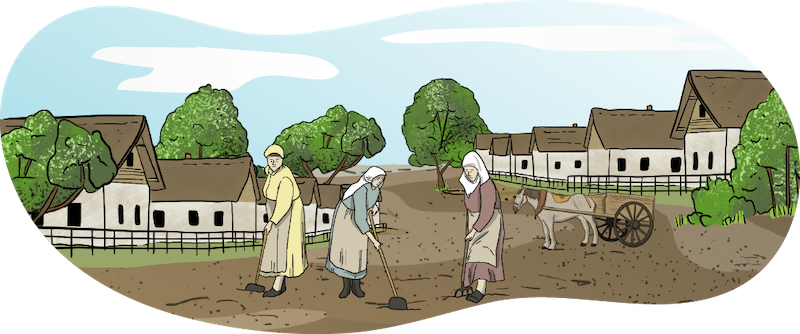 Three illustrated women are using hand tools to dig into the soil with their farming colony in the background.