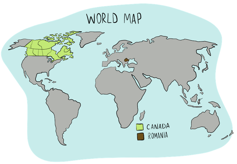Past-immigration-Romania A world map is highlighting the countries of Canada and Romania.