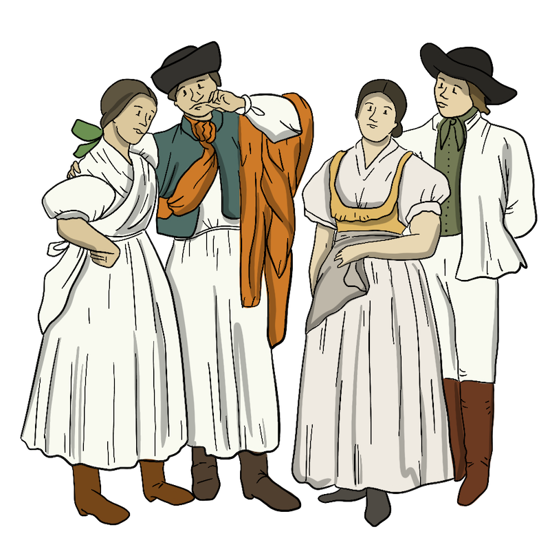 Past-immigration-Romania4 Two Illustrated Romanian couples are shown in clothing that they would have worn in Romania 100 years ago.