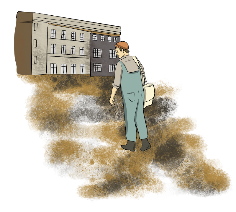 Past-immigration-Romania5 An Illustrated farmer walks to a city building to get a land title.