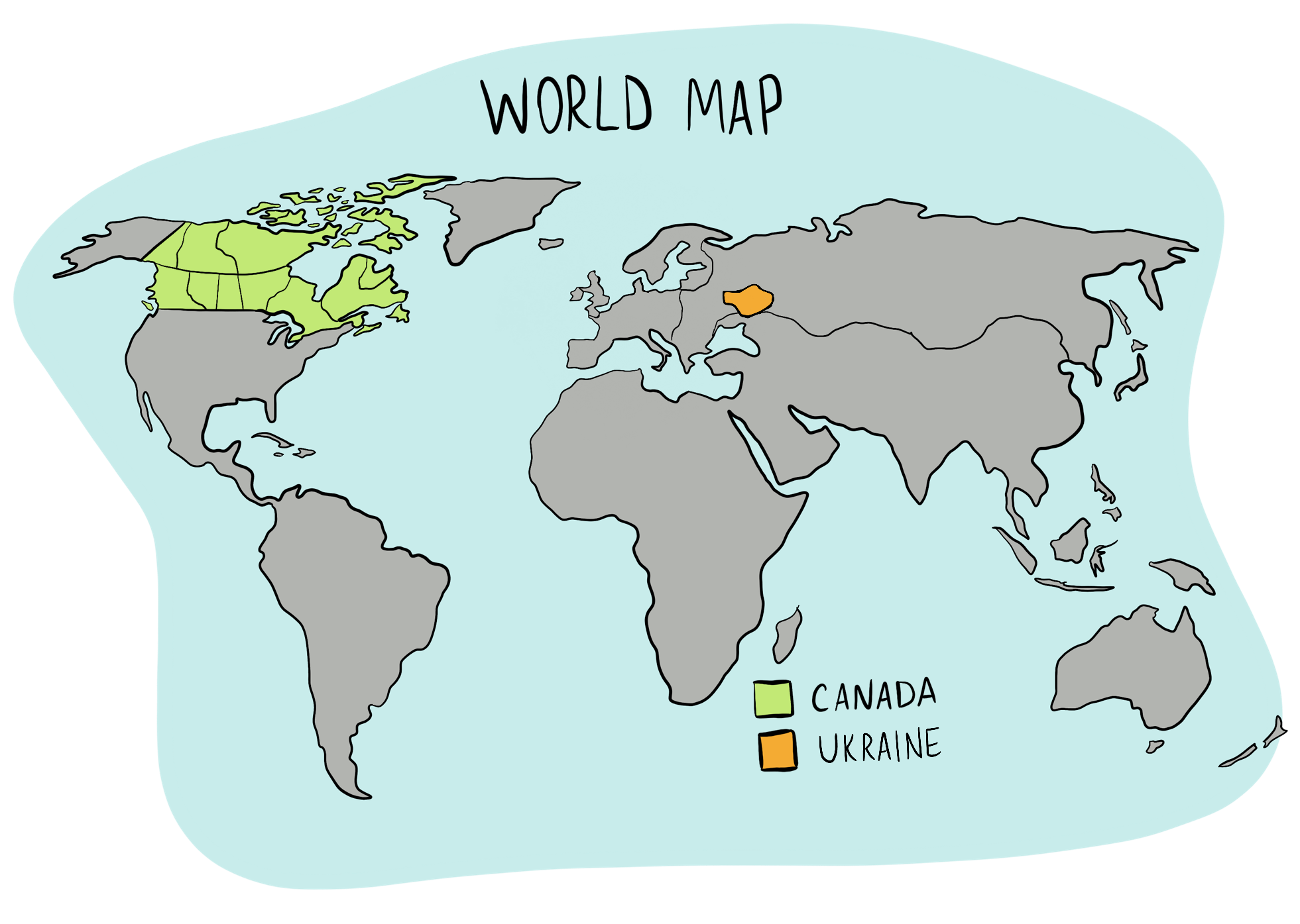 An Illustrated world map highlights the countries of Canada and Ukraine.