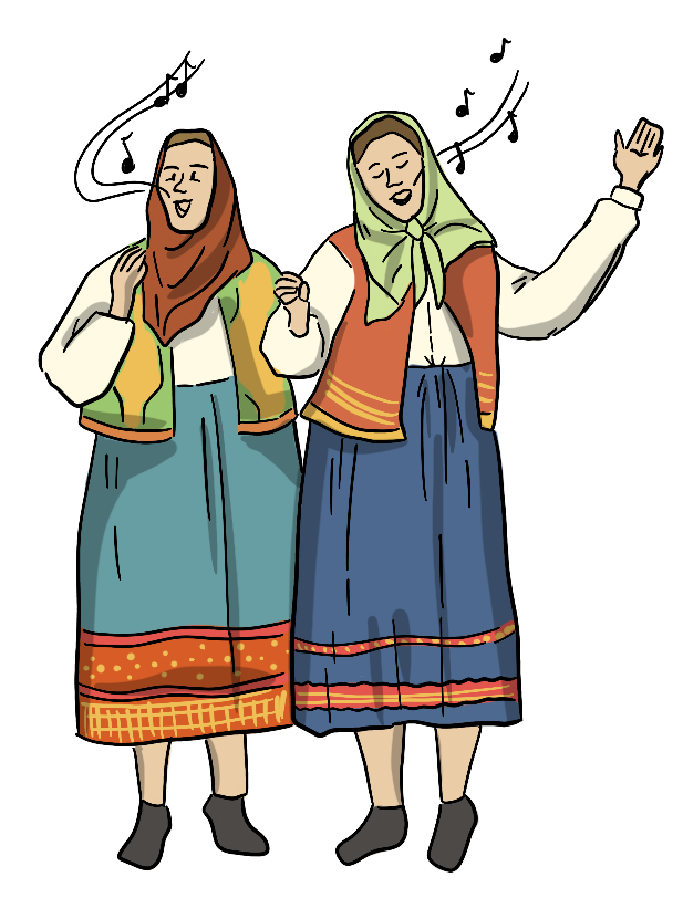 Two illustrated Doukhobor women are gathered together to sing in a choir. They are wearing traditional Doukhobor dresses.
