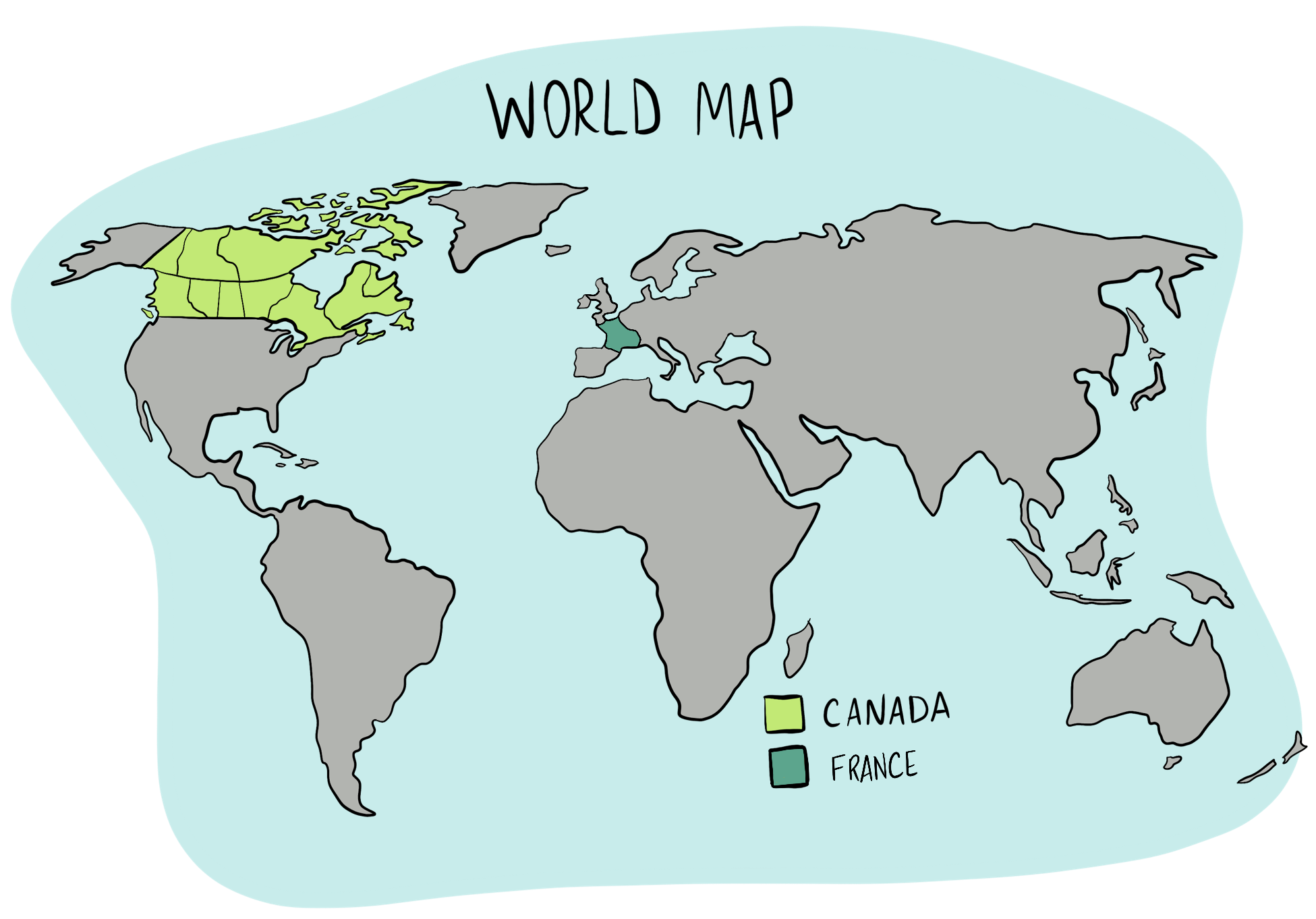 An Illustrated world map highlights the countries of Canada and France.