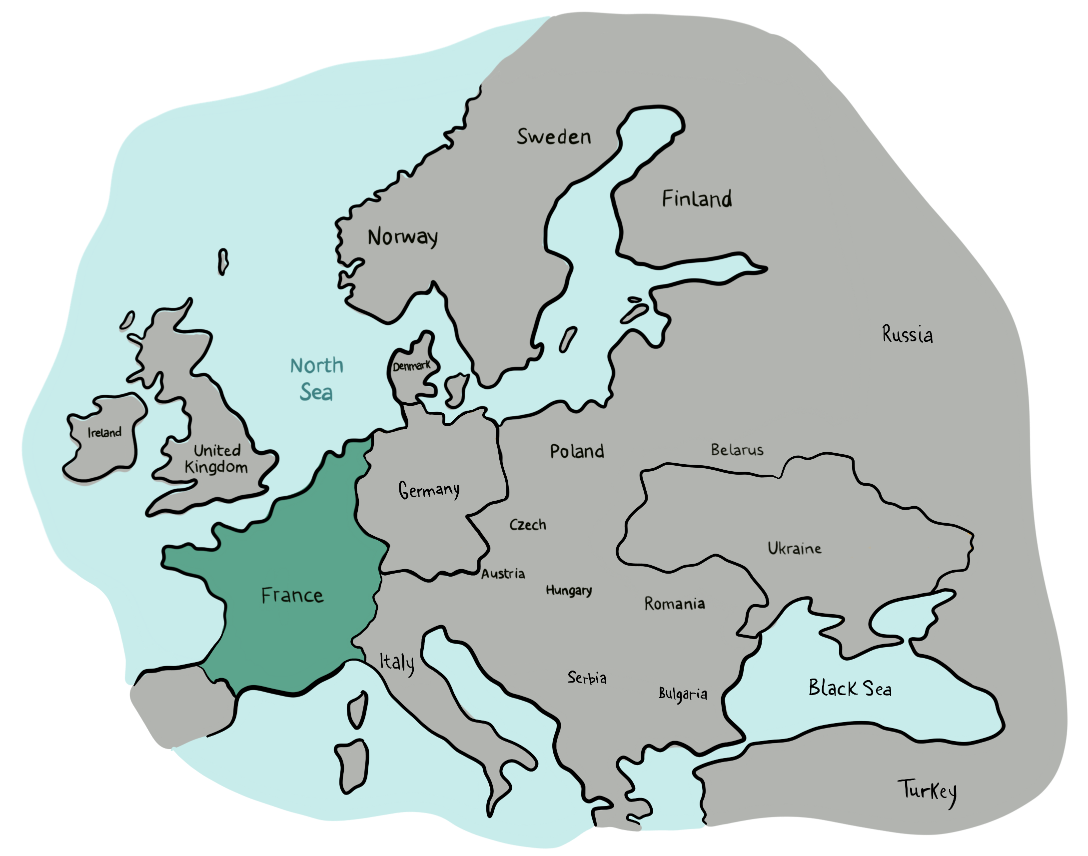A map illustration highlights the country of France and also shows the surrounding countries of Germany, Italy, the United Kingdom, and Ireland.