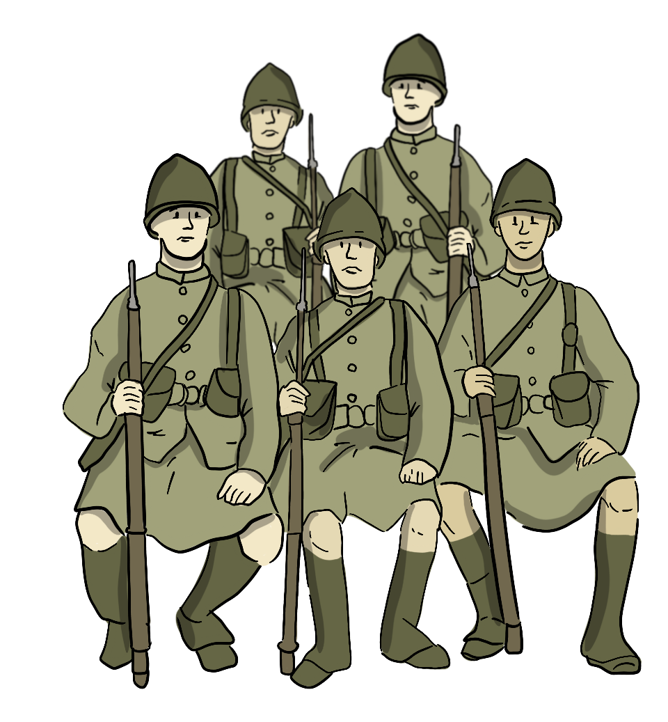 An illustration of five army men is shown.