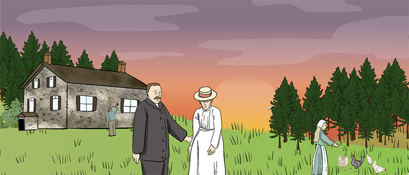 An illustrated Scottish couple stand in front of their homestead as a mason puts the finishing touches on the stone on their house. A young girl feeds chickens in the background.