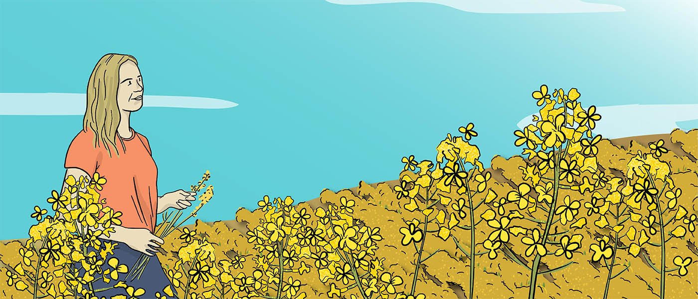 A herd of cattle are grazing in a pasture, while two ranchers are riding their horses in the pasture to check the cattle.