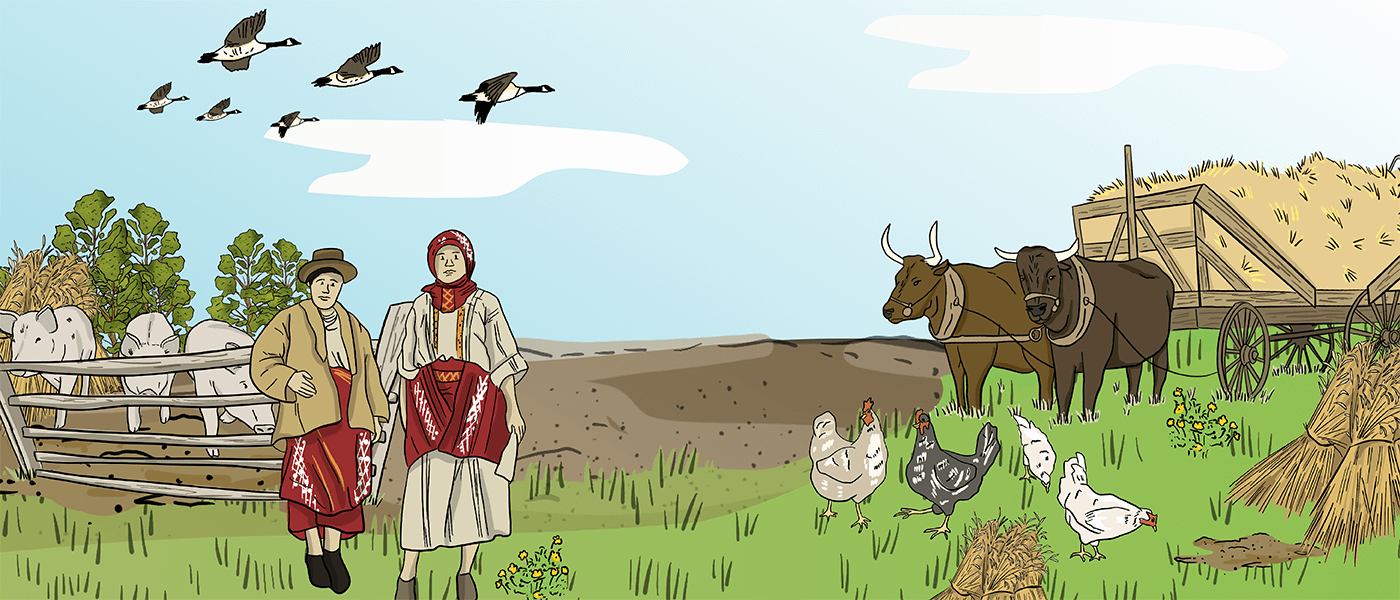 An Illustrated Ukrainian couple stand on their farmland. A pen of pigs, oxen pulling a hay cart, chickens, and stooks of grain can be seen in the background.