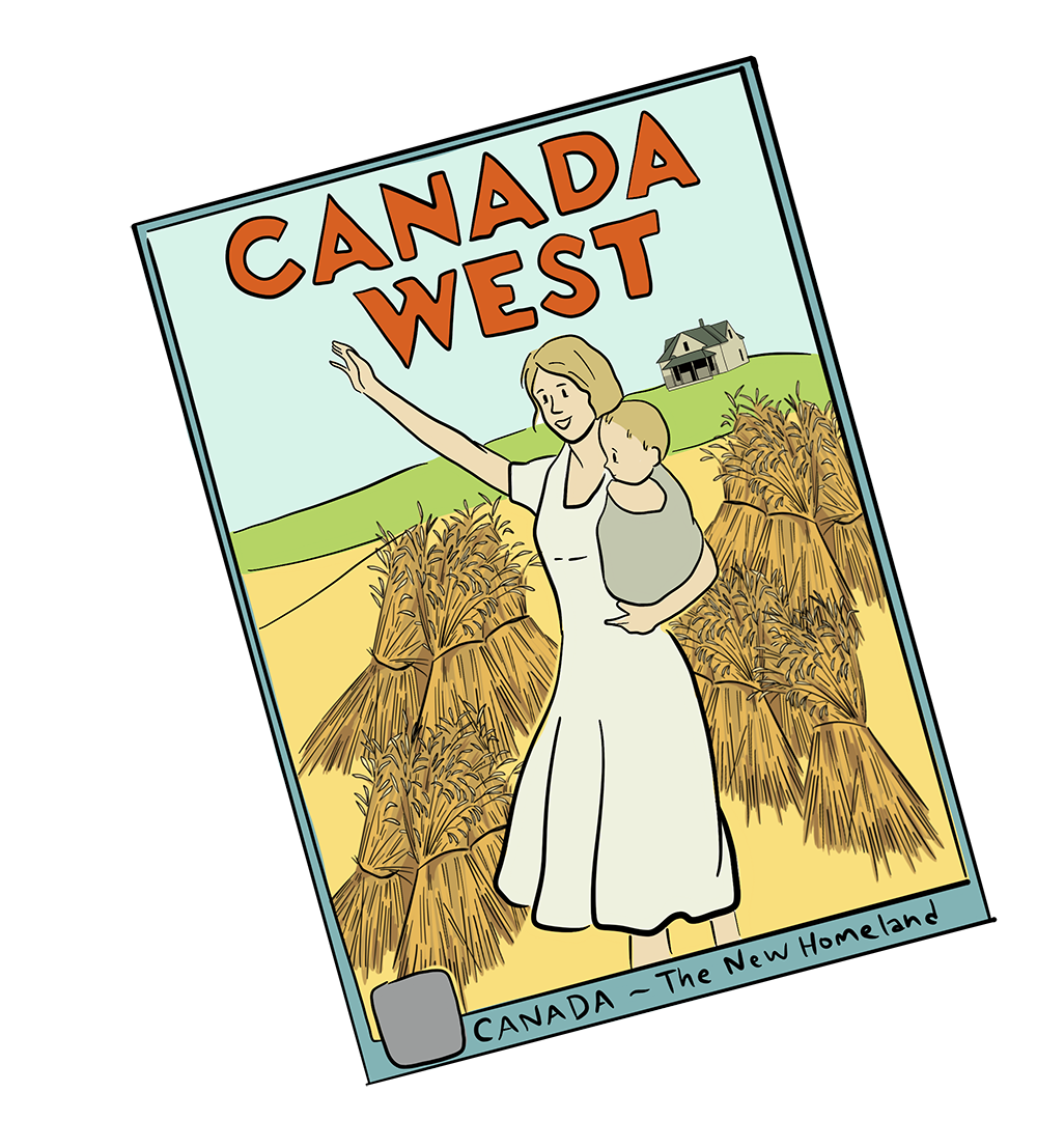 An illustrated advertisement is shown with a farmwife holding her child while stooks of wheat and a farmhouse stand in the background. 