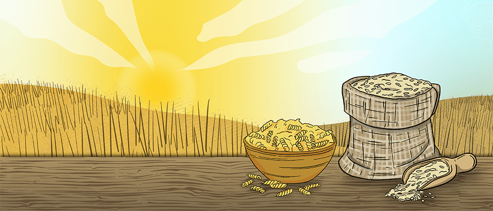 An illustrated wheat field is shown with a dark, stormy sky above.