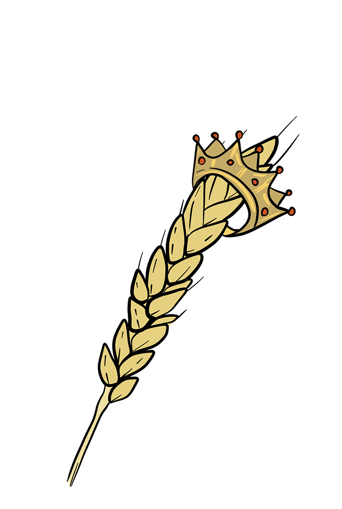 An illustrated wheat sheaf has a crown on it.