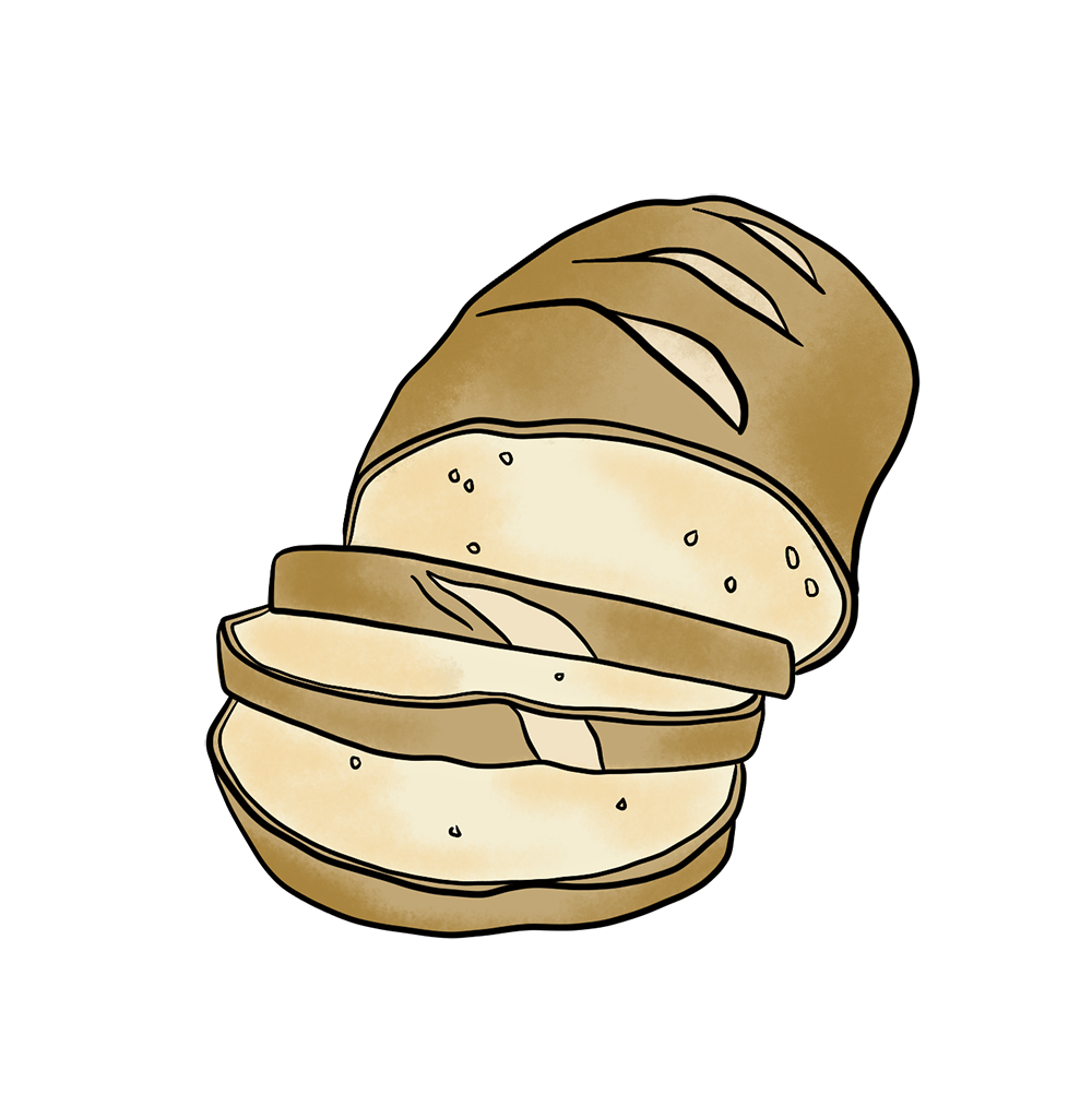 An illustrated loaf of bread that is partially sliced sits on a grey background.