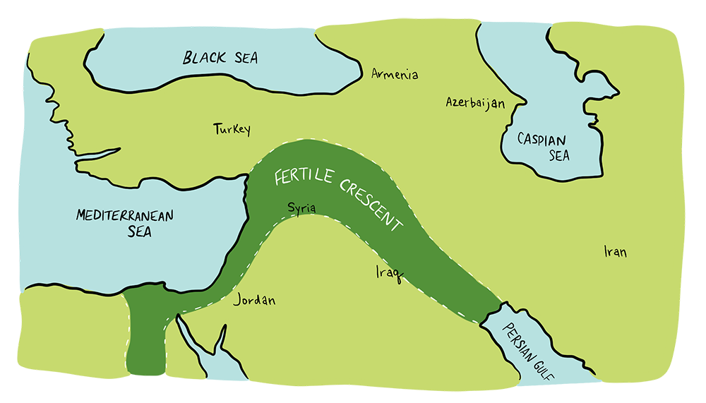 An illustrated map that highlights the Fertile Crescent, next to the Mediterranean Sea. The Fertile Crescent is nearby the Persian Gulf and also next to the countries of Cyprus, Lebanon, Israel, Turkey, Armenia, Azerbaijan, Iran, Iraq, and Jordan.