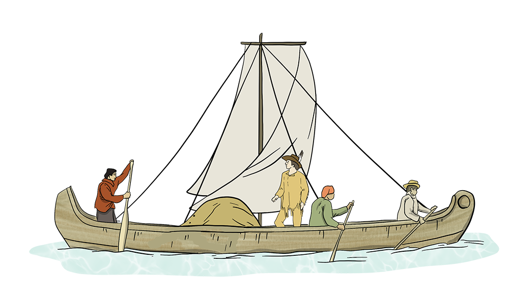 An illustrated York boat is shown with four men on it.