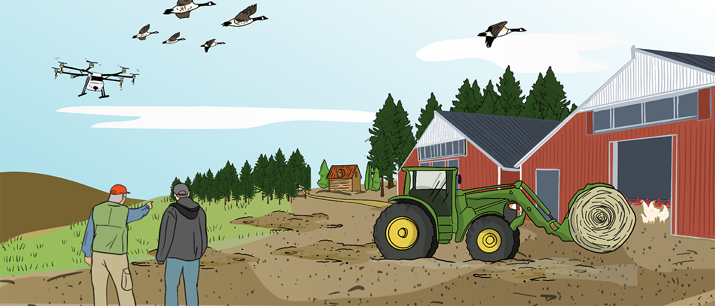 An illustrated farm yard is shown with a tractor pulling an air-seeder off to the side, while a drone flies overhead. On the other side of the farm yard there are two large barns where a farmer is using a pitchfork to get a pile of straw to feed to chickens while a horse eats nearby.