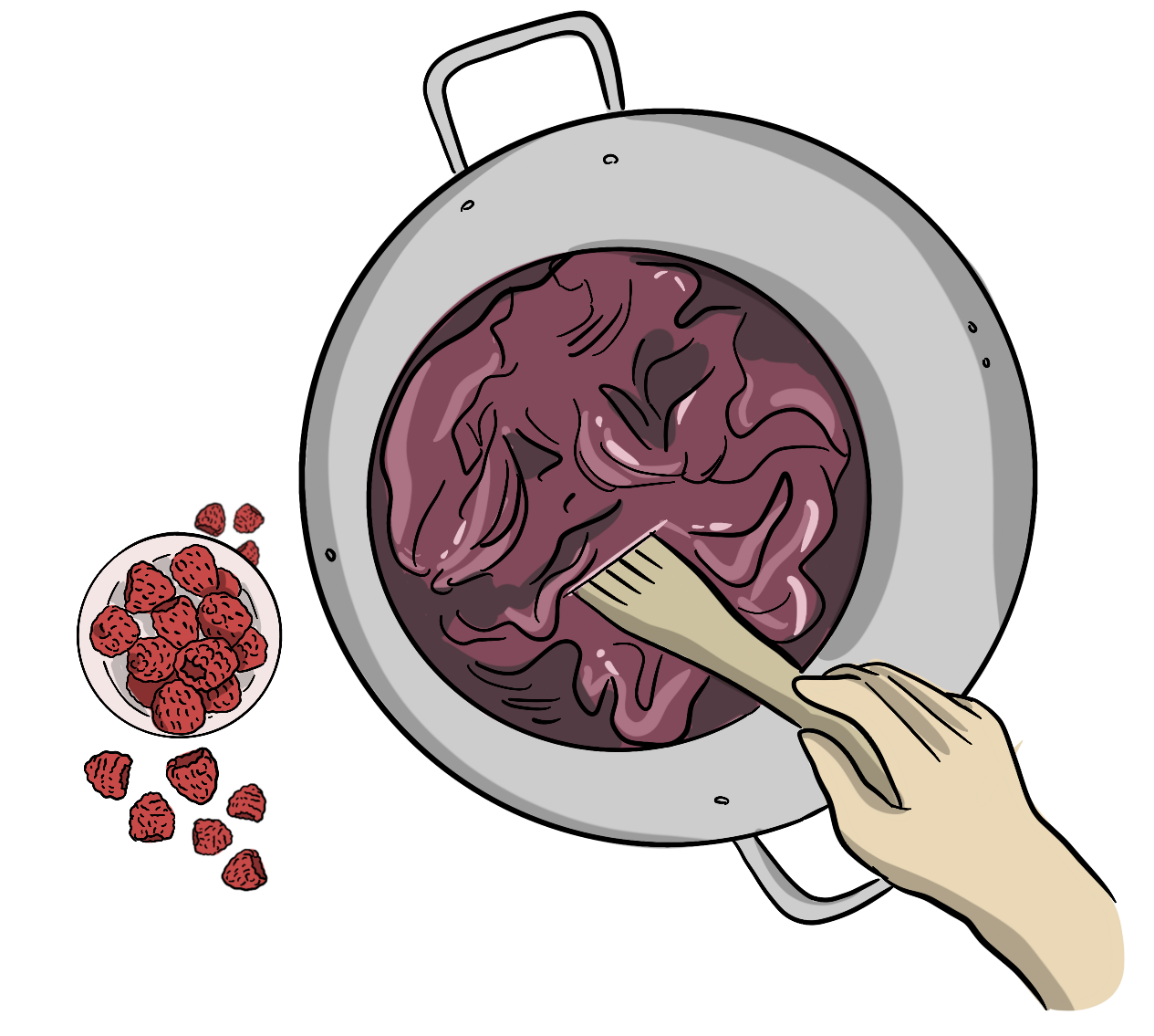 An illustrated pot has clothing inside of it that is being boiled with raspberries. The water is a pink/red colour. A handful of raspberries sit next to the pot.