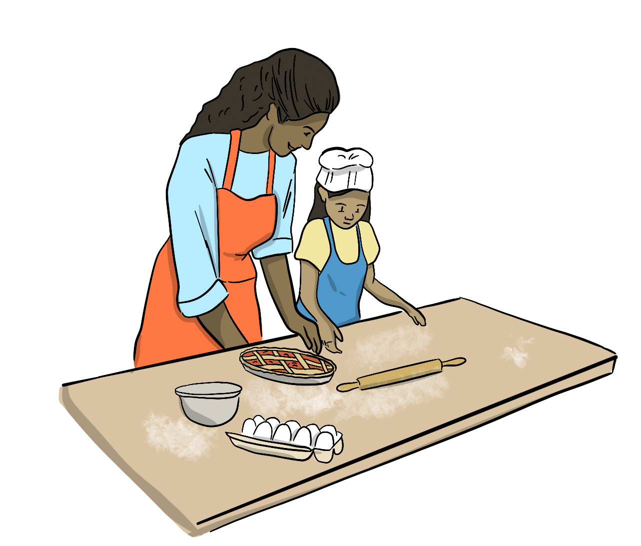 An illustrated mother and daughter are cooking a pie in the kitchen wearing aprons and the daughter is wearing a chef hat. The mother is holding a cherry pie.