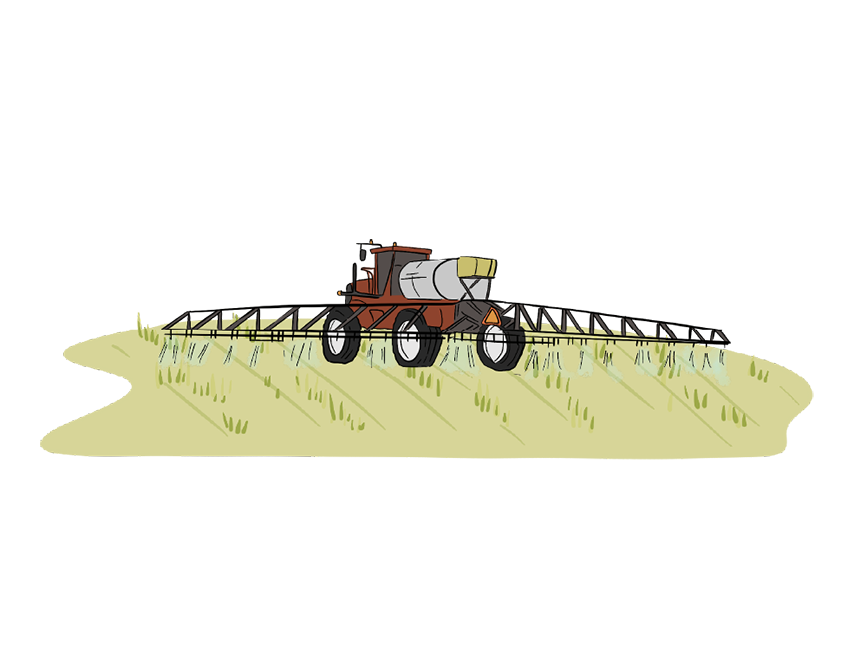 A side-view is shown of a high clearance sprayer that is spraying a young crop.