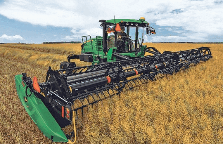 A farmer drives a swather through a farm field and cuts the crop into a row behind the machine.