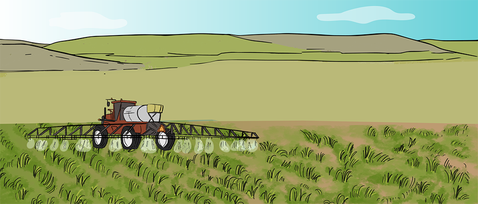 An illustrated sprayer sprays a green farm field and there is mist coming out of the booms.