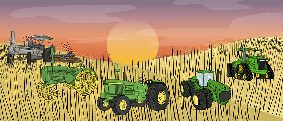 A row of five illustrated tractors are parked in a row to show the evolution of tractors over the last century. These tractors are parked in a wheat field with a sunset in the background.