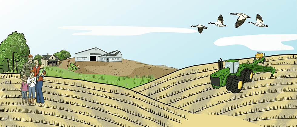 An illustrated farmer uses a horse to pull a plow to break prairie soil. There are trees and a wheat crop in the background. 