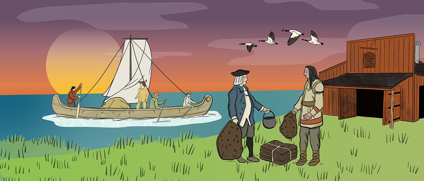 An illustrated couple harvests a golden-coloured wheat crop by using a cradle scythe. Two oxen are pulling a cart full of wheat close by.