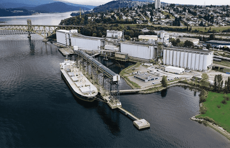A large ship is parked at a port and loading shipping containers. There is a bridge and many buildings in the background.