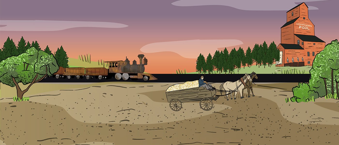 A farmer is breaking the Prairie soil with a plough that is being pulled by a horse. A wheat field and trees are in the background. 