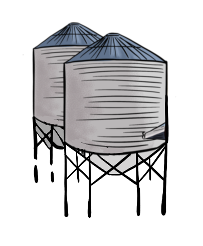 A pair of grey illustrated grain bins are pictured.