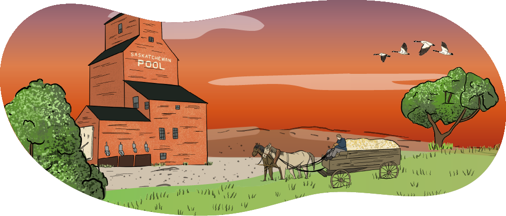 An illustrated grain elevator is shown with a grain field in the background. A farmer is coming up to it with a horse and a cart with wheat in it.