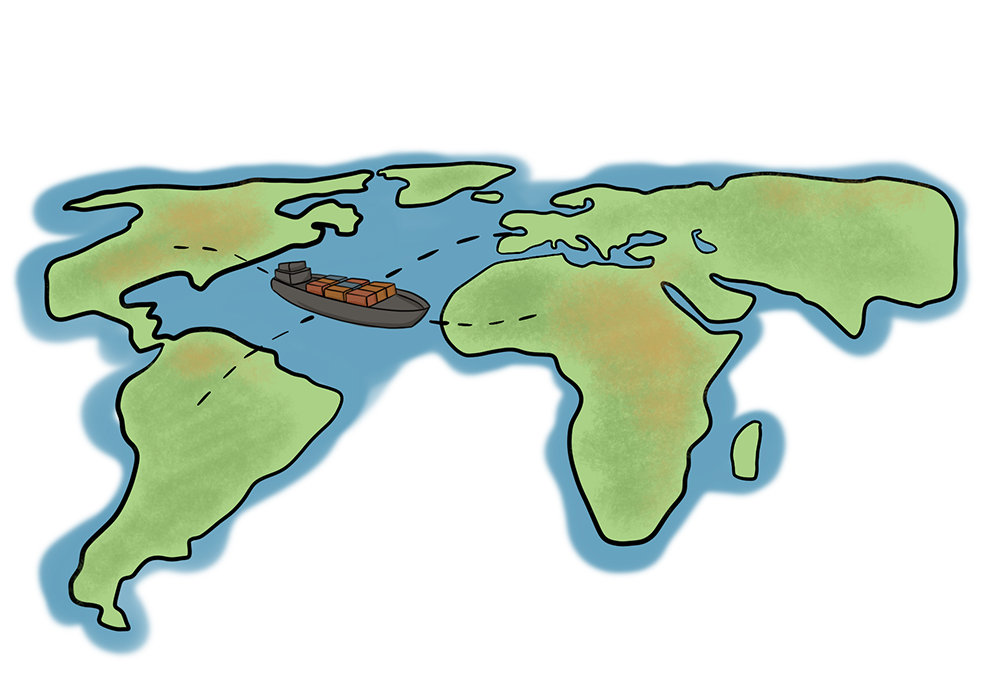 An illustrated map of the world has a boat full of containers in the middle, with arrows showing that it travels to various countries around the world.