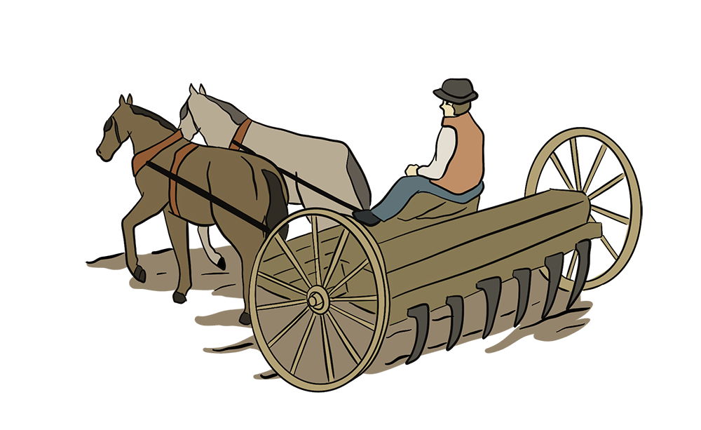 A farmer is riding on drills being pulled by two horses.