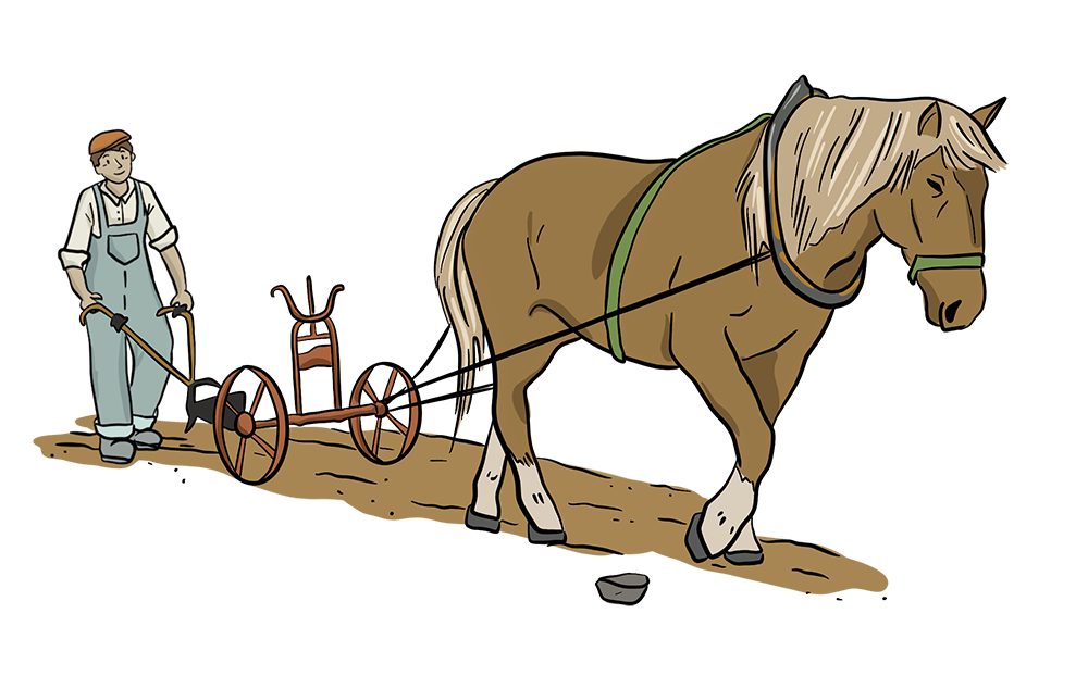 An illustrated man walks behind a plow that is being pulled by a horse in order to break prairie soil.