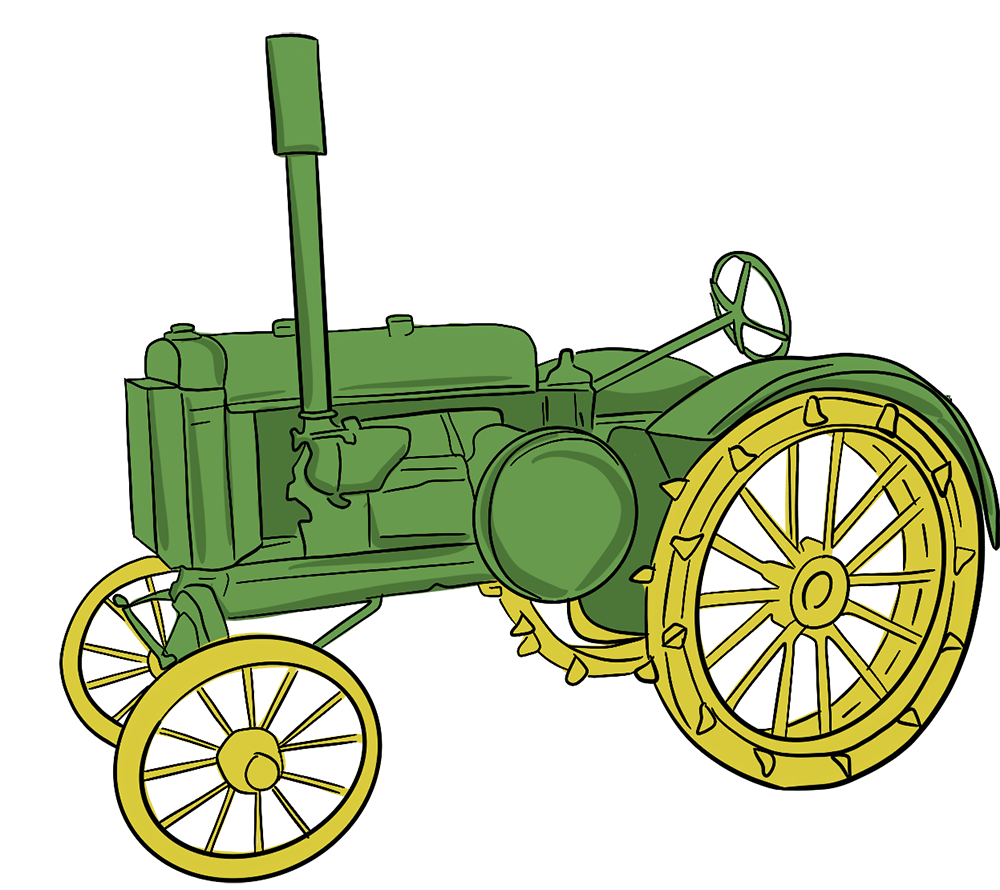 An illustrated green and yellow tractor with steel tires is parked.