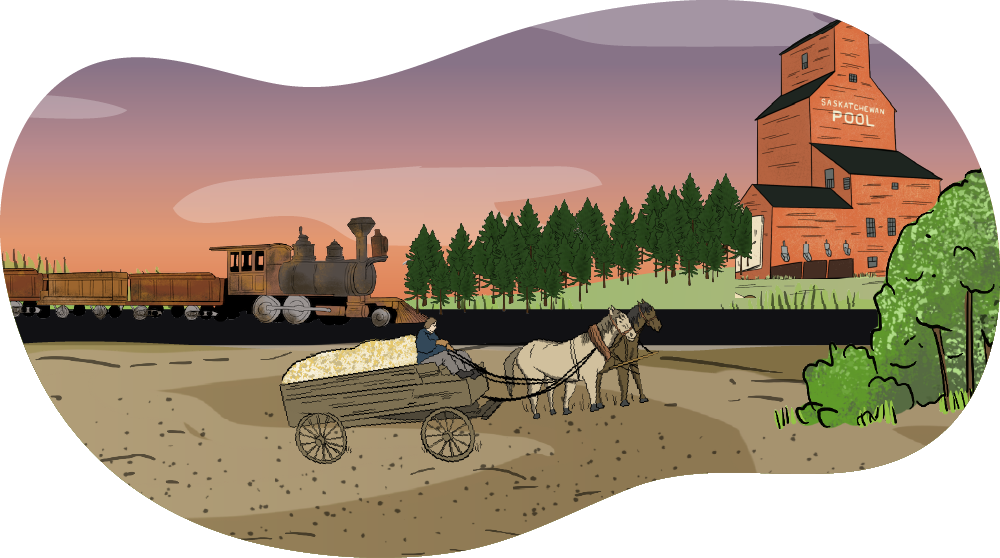 An illustrated farmer is using a horse and cart to haul his grain to a grain elevator. There is a train on the railway next to the elevator.