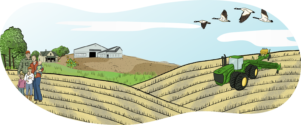 An illustrated tractor pulls an air seeder in a field with a farm yard in the background. There is a family standing in the farm field together.
