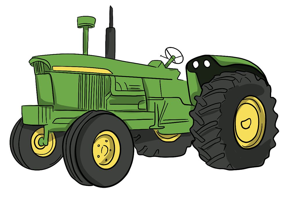 An illustrated green tractor has an open cab.