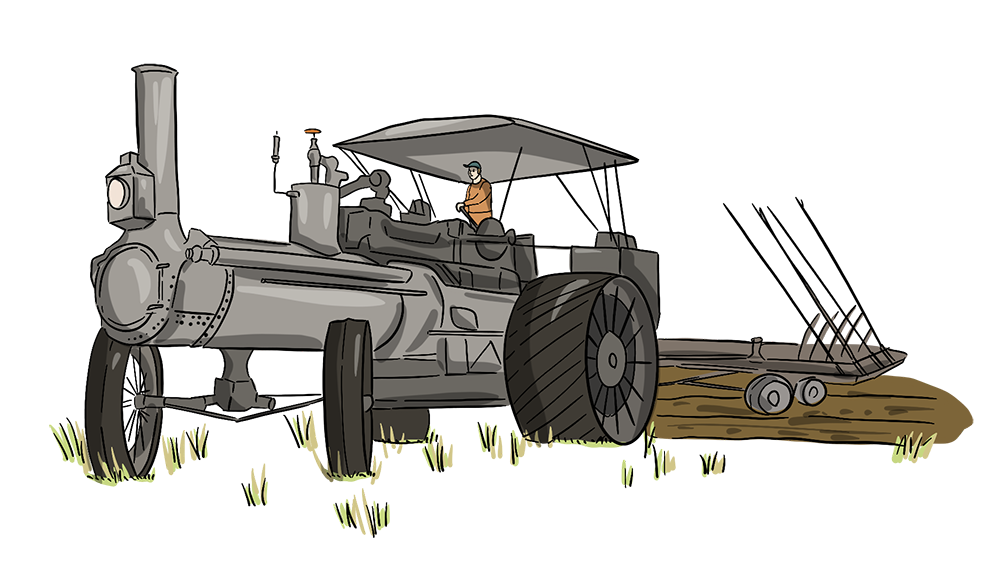An illustrated steam engine tractor is shown in a farm field.